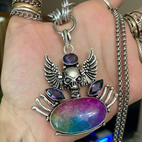 925 sterling silver overlay amethyst & rainbow solar quartz boho skull necklace - Picture 7 of 11